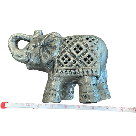 Elephant Tea Light Holder Trunk Up Ceramic Grey Boho Eclectic - Picture 5 of 9